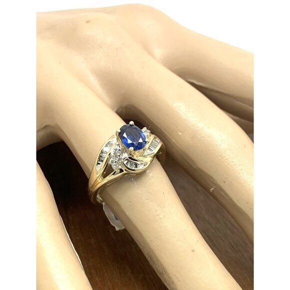 Blue Gemstone Diamond Cocktail Ring 14k Yellow Gold Estate Women's Size 7 - Picture 6 of 14